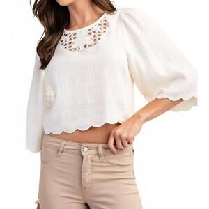 NEW GIGIO embroidered cutout bell sleeve crop top in ecru